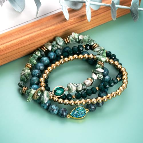 Bohemian Natural Stone Beaded Bracelets for Women Men Stackable Stretch Beads Bracelet Set with Charm and Tassel Multilayered Elastic Gemstone Bracelets Summer Beach Boho Jewelry Gift for Women - color: African Turquoise Green