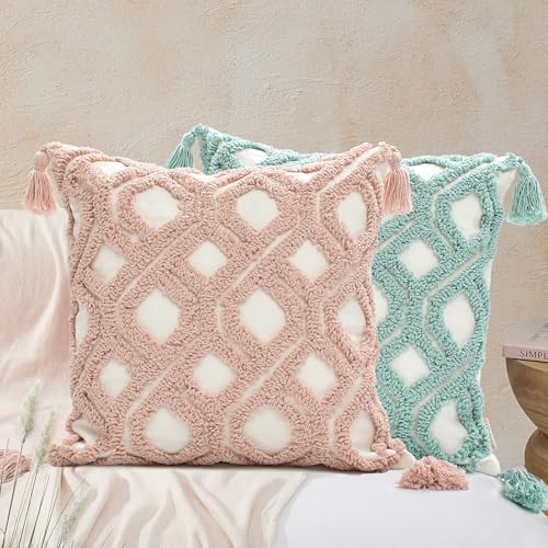 Boho Pillow Covers 18X18 Inch Boho Tufted Throw Pillow Covers Decorative Tassels Cushion Cover Farmhouse Pillow Case for Couch Sofa Bed Living Room Bedroom, Blush - color: Boho Blush, size: 18" x 18" (Pack of 1)