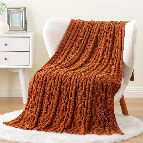 Battilo Caramel Throw Blanket for Couch, Rust Throw, 51" x 67", Super Soft Warm Chenille Cable Knit Blanket Boho Decorative Fall Throw Blanket for Bed, Sofa and Living Room - color: Caramel