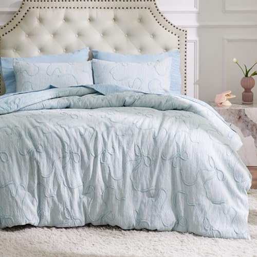Bedsure Dusty Blue King Size Comforter Set, GentleSoft™ 3 Pieces Breathable Bow Comforter Set Women with 2 Pillow Shams, Cute King Bedding Set Room Decor Aesthetic Bedroom Decor, 104x90 Inches - color: 01 - Bow Dusty Blue, size: King (104" x 90")