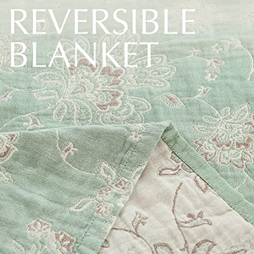 jinchan Boho 100% Cotton Muslin Twin Size 60x80 Inches Blanket Lightweight 4-Layer Quilted Soft Green and Beige Floral Throw Blanket Reversible Comfy Flower Breathable All Seasons Couch Bedroom Decor - color: Floral Green Beige, size: 60"x80"