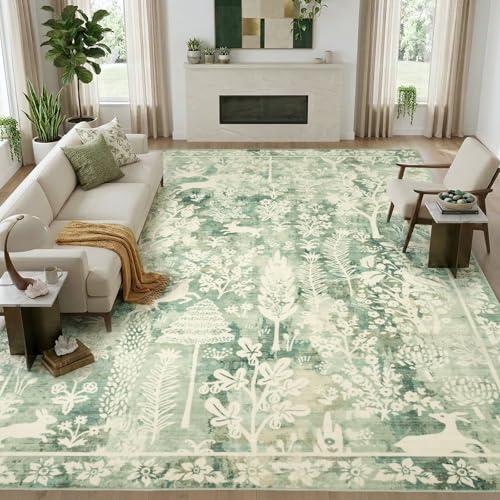 8x10 Area Rugs for Living Room, Large Washable Rug Cute Vintage Distressed Non Slip Bedroom Carpet, Low Pile & Thin Floral Rug for Dining Room Farmhouse Nursery Playroom Home Office, Sage Green - color: Cute | Sage Green, size: 8' x 10' (Rectangular)