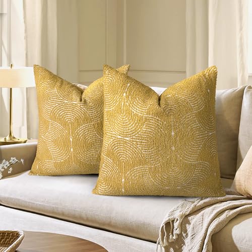 AELS Boho Decorative Textured Throw Pillow Covers 22x22, Organic Modern Mid Century Rainbow Tufted Pillow Case, Farmhouse Rustic Geometric Woven Cushion Case for Bed Couch Sofa, Mustard Yellow - color: Mustard Yellow, size: 22" x 22" (Pack of 2)