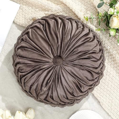 Drydiet 1 Pcs Round Throw Velvet Pillows Decorative Pleated Throw Pillows Diameter Accent Pumpkin Boho Chair Cushion for Couch Sofa Home Decoration (Taupe,15'') - color: Taupe, size: 15''