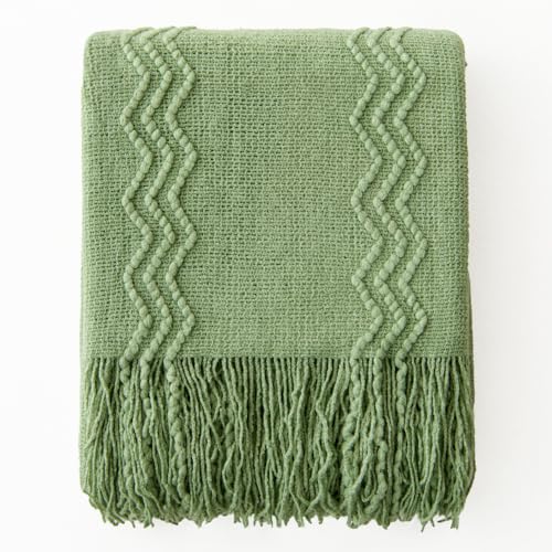 MIULEE Sage Green Knitted Throw Blanket for Couch Textured Spring Knit Blanket with Tassels Cozy Woven Boho Bed Blanket for Sofa Bed Chair Acrylic Wave Pattern 50"x60" - color: Sage Green, size: 50" x 60"