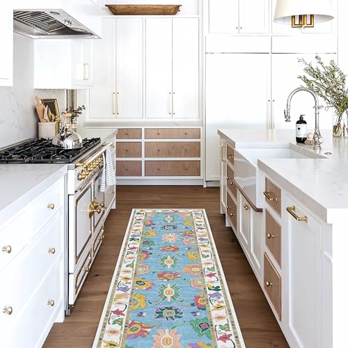 Fame Living Colorful Oushak Runner Rug, Modern Runners, Turkish, Eclectic, Floral, Pastel, Washable, Small Throw Rugs, Short Runner for Entryway, Laundry, Foyer, Bedroom, Kitchen, Bathroom, 2'5"x6'5" - color: Navy Cream, size: 2'6" x 6'6" (Rectangular)