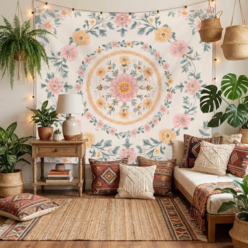 Alened Boho Mandala Tapestry Wall Hanging decor,Pink Floral hippie Tapestries,Decor for Bohemian bedroom Aesthetic（51"×60"） - color: pink Tapestry, size: 60"L x 51"W