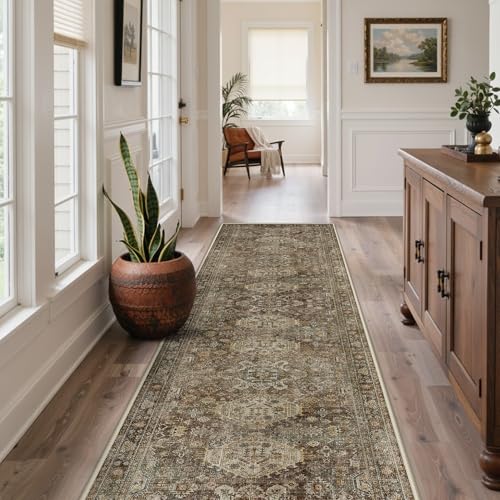 Bavni Washable Runner Rug 3x10, Non Slip Hallway Rug, Vintage Aesthetic Thin Low Pile Washable Carpet for Kitchen Bedroom Entryway, Brown - color: Brown, size: 3' x 10' (Rectangular)