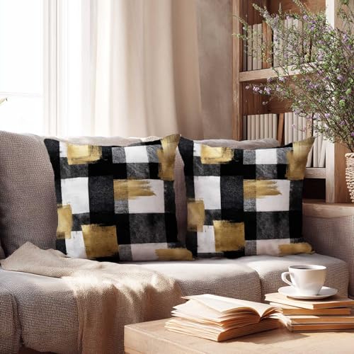 Black and Gold Abstract Throw Pillow Covers 18x18 Inch, Set of 2 | Modern Plaid Square Cushion Cases for Couch & Living Room | Contemporary Home Decor, Decorative Pillowcases - color: Black and Gold