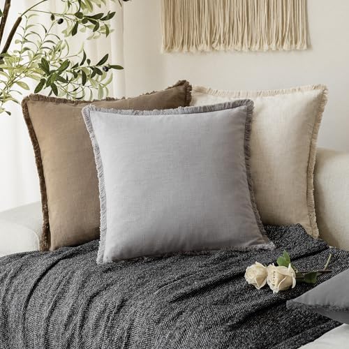 Foindtower Set of 2 Decorative Linen Fringe Throw Pillow Covers Cozy Farmhouse Cushion Cover with Tassels Accent Pillowcase for Couch Chair Sofa Bed Living Room Home Decor,16×16 Inch,Light Rustic Gray - color: Quiet Gray, size: 16" x 16" (Pack of 2)
