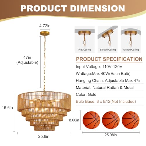 25.6" Large Boho Rattan Chandelier, 8-Light Vintage Farmhouse Hand Woven Wicker Chandeliers Light Fixture, 5-Tier Rustic Drum Pendant Light for Dining Room Kitchen Island Living Room, E12 - color: Golden 25IN
