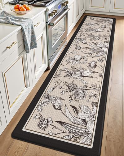 LUMI Anti Fatigue Kitchen Cushioned Mat for Floor, Padded Waterproof Runner for Standing, Stain Resistant Comfort Rugs for Home, Sink, Laundry, 24x87 - color: Cream Black, size: 87"L x 24"W x 0.4"Th