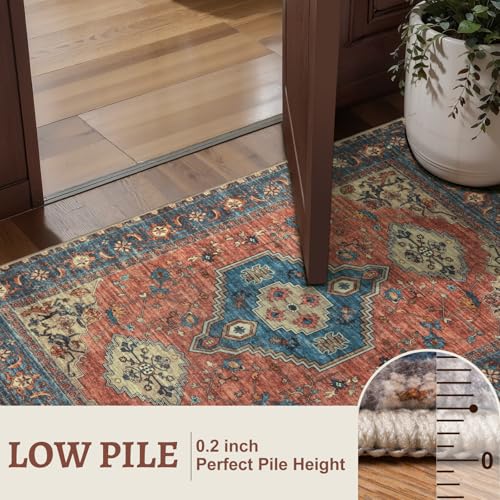Tangsoo Oriental Washable Entryway Rugs Terracotta 2x3 Non Slip Small Area Rug, Vintage Indoor Front Door Rug, Print Door Mat Indoor Entrance Soft Low Pile Throw Rug for Entry Kitchen Bedroom - color: Terracotta/Blue, size: 2' X 3' (Rectangular)