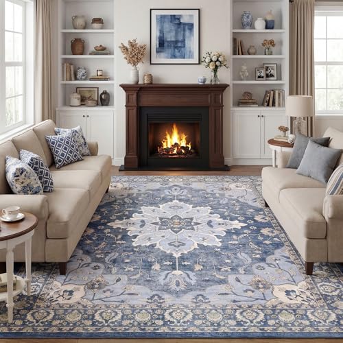 6x9 Area Rugs for Living Room, Machine Washable Boho Vintage Rug, Waterproof Surface & Non-Slip Backing, Foldable Soft Low Pile Floral Medallion Carpet for Bedroom Dining Room - color: Blue/Cream, size: 6' x 9' (Rectangular)