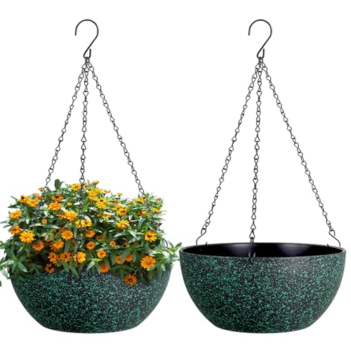 WSMKSZ 10inch Hanging Planters for Outdoor Indoor Plants with Drainage Holes and Chain, 2 Pack Round Hanging Flower Pots for Garden Home Porch Decor, Black with Green Speckles - color: Black With Green Speckles, size: 10inch 2pcs