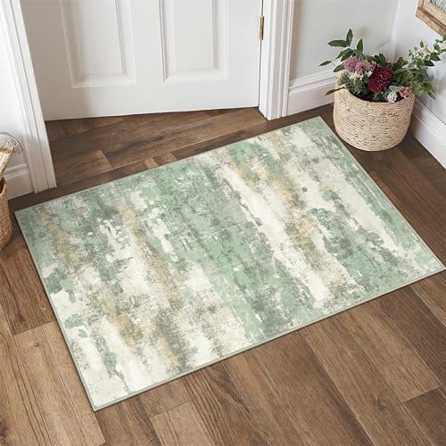 BEIMO 1'5''x2'5'' Rugs for Entryway Entrance Kitchen Bathroom, Machine Washable Modern Abstract Rug, Small Soft Low Pile Indoor Floor Mat with Non Slip Backing, Light Green - color: Light Green/Cream, size: 1'5'' x 2'5'' (Rectangular)