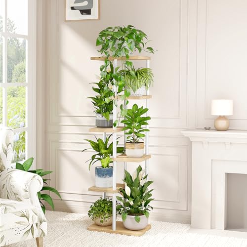 Bamworld Tall Plant Stand Indoor 6 Tier Plant Shelf for Multiple Plants, Tiered Flower Pot Stands for Patio Garden Balcony Living Room Bedroom, White - color: White, size: 6 Tier