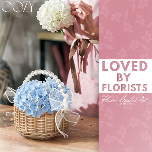 Small Flower Girl Basket Set of 2 - Lightweight Boho Small Wicker Basket with Handle, Pearl Detail, Bows & Waterproof Lining - Summer Wedding, Bridal Shower, Petal Toss, Bridesmaid Gifts & Home Decor - color: Brown Pearl Handle