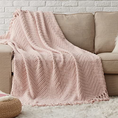 Bedsure Spring Throw Blankets for Couch - Textured Knit Woven Chenille Blanket - Super Soft, Warm Decorative Boho Throw with Tassels for Bed, Sofa and Living Room, Light Pink, 50x60 Inches - color: 01-pink
