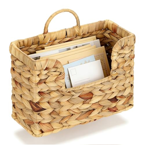 Hanging Magazine Basket, Woven Wall Magazine Holder Organizer with Handle for Mail, Files, Books - Water Hyacinth Farmhouse Storage Rack for Bathroom, Kitchen, Office