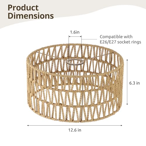 Rattan Lamp Shade, Retro Farmhouse Wicker Lampshade Replacement, 12.6" D×6.3" H Large Cylinder Woven Lamp Shade for Floor Light, Pendant Light, Chandelier
