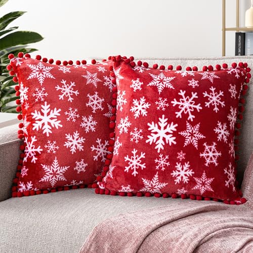 PAVILIA Snowflake Red Throw Pillow Covers with Pom Pom 18x18 Set of 2, Christmas Decorative Pillow Cases for Bedroom, Holiday Small Pillows Set for Bed, Velvet Winter Plush Cushion Covers Sofa Couch - color: Snowflake Red, size: 18" x 18" (Pack of 2)