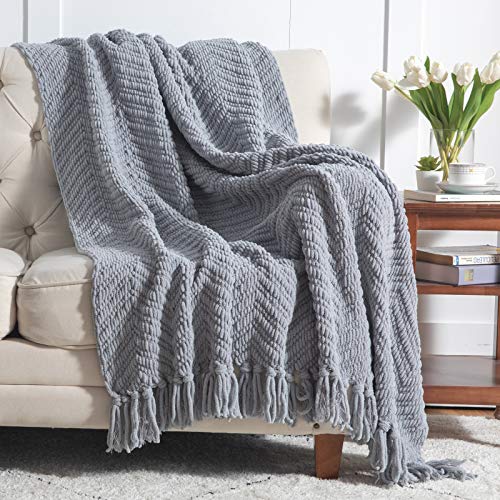 Bedsure Throw Blankets for Couch - Textured Chunky Knit Woven Chenille Blanket - Super Soft, Warm Decorative Boho Throw with Tassels for Bed, Sofa and Living Room Decor, Grey, 50x60 Inches - color: 10 - Grey