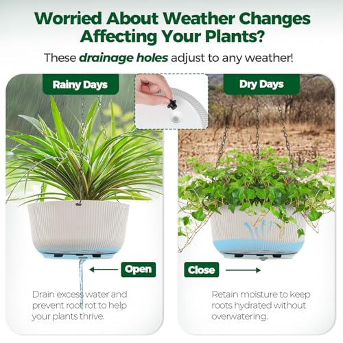 T4U Hanging Planter Self Watering 8 Inch, 2 Pack White Indoor Hanging Plant pots, Hanging Flower Pot with Drainage Hole & Plug & Chain with 3 Hooks for Garden Home Decor - color: White, size: 8 inch
