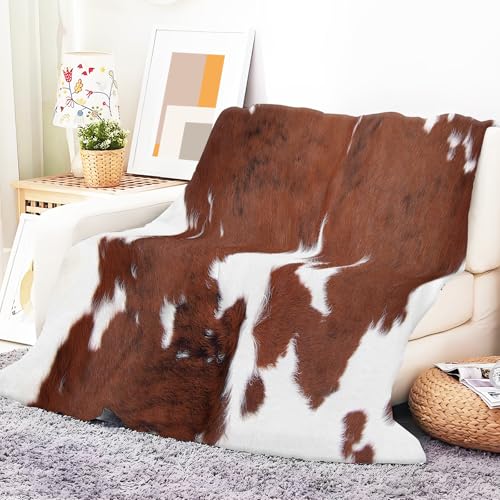 Throw Blanket for Couch, 300GSM Warm Soft Cozy Flannel Blanket, Cute Blanket for All Seasons Bedroom Home Decor Gifts, Brown White Cowhide 50x60 Inches - color: Brown White Cowhide