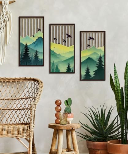 Putuo Decor Forest Mountain Wall Art Set of 3, Nature-Inspired MDF Cut-Out Panels with Bird and Tree Silhouettes, Rustic Wall Decor for Living Room Bedroom Cabin Office - color: Grass Green