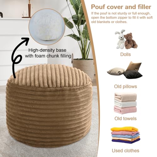 MeMoreCool Stuffed Round Pouf Ottoman Foot Rest, Soft Plush Floor Pouf Foot Stool, Corduray Footstool Footrest, Small Round Ottoman for Living Room Couch Sofa Chair, 20x15 Inch Coffee - color: Ribbed Coffee