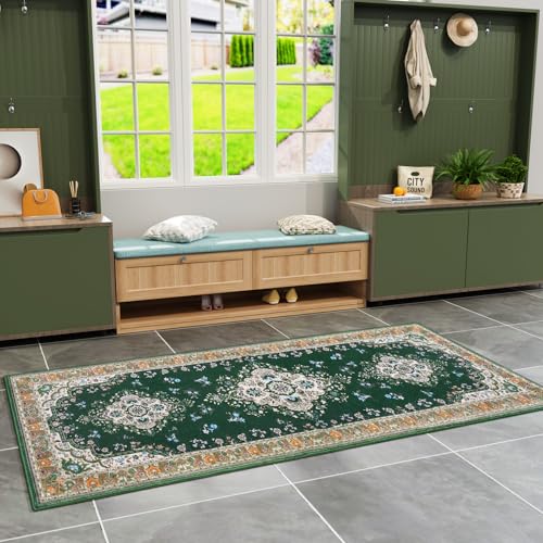 HOMORE Vintage Runner Rug-2x6 Runner Rug for Bedroom Non Slip Washable Hallway Runners Rugs for Kitchen Floor Carpet for Entryway Living Room Laundry Dorm Office, Green - color: Deep Green, size: 2' x 6' (Rectangular)