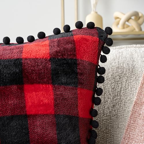 PAVILIA Plaid Red Black Throw Pillow Covers Pom Pom 18x18 Set of 2, Decorative Pillow Cases for Bedroom Aesthetic, Buffalo Check Small Pillows Set for Bed, Velvet Euro Plush Cushion Covers Sofa Couch - color: Checkered Red, size: 18" x 18" (Pack of 2)