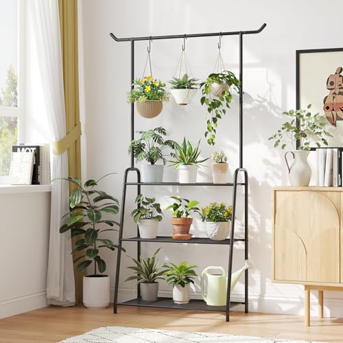 Kitsanery Plant Stand Indoor Outdoor,Metal Plant Stands for Multiple Plants,3 Tier Tall Hanging Plant Shelf,Large Heavy Duty Flower Holder Ladder Plant for Living Room, Patio, Balcony (Black) - color: Black
