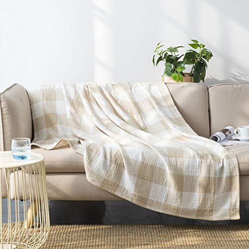Cotton Muslin Throw Blanket with Buffalo Check Pattern, Vintage Indoor and Outdoor Use, Reversible and Breathable Fabric for Yard Picnics, 47" x 60" Bedding or Chair Cover, Khaki - color: Root={'value': "['Khaki']"}, size: \'Travel (47" x 60")\'