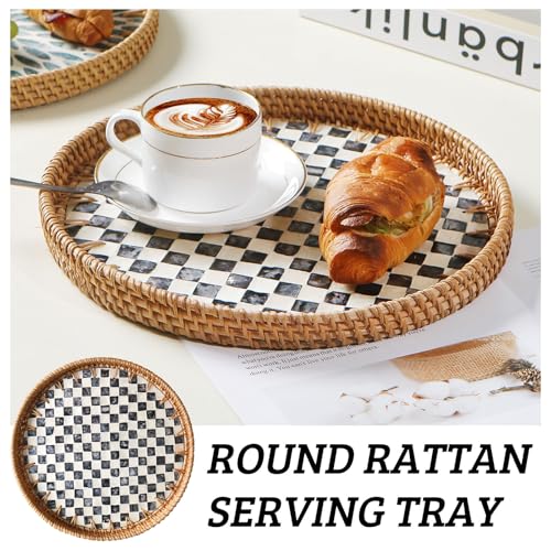 Round Rattan Tray with Mother of Pearl Inlay, Decorative Wicker Serving Tray with Wooden Base, Woven Basket Trays for Bread Fruits Coffee, Checkered - color: Checkered