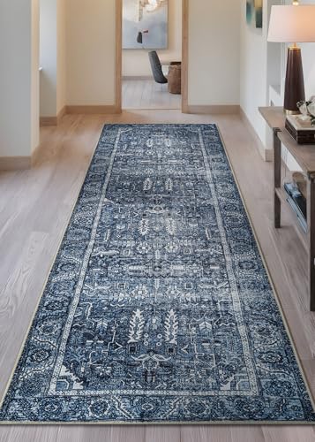 Bloom Rugs Washable Non-Slip 7 ft Runner - Blue Traditional Runner for Entryway, Hallway, Bathroom, and Kitchen - Exact Size: 2.5' x 7' - color: Blue, size: 2'6" x 7' (Runner)