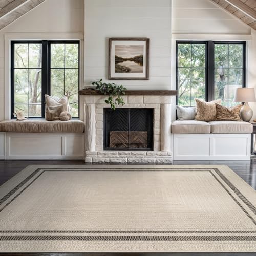 Beverly Rug Easy Jute Bordered Rug 9x12 Washable Large Indoor Outdoor Area Rugs for Living Dining Room Patio Office Stain Resistant Non Shedding Casual Indoor Outside Carpet 9 x 12 Off-White - color: Bordered/Off-white-black, size: 9' x 12' (Rectangular)