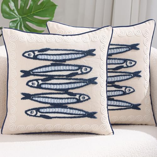 LUOYEHK Summer Coastal Throw Pillow Covers 18x18 Set of 2 Embroidered Blue and White Fish Decorative Pillow Cases Ocean Themed Canvas Cushion Covers for Couch Sofa Bed Living Room, Sardines - color: Sardine Fish