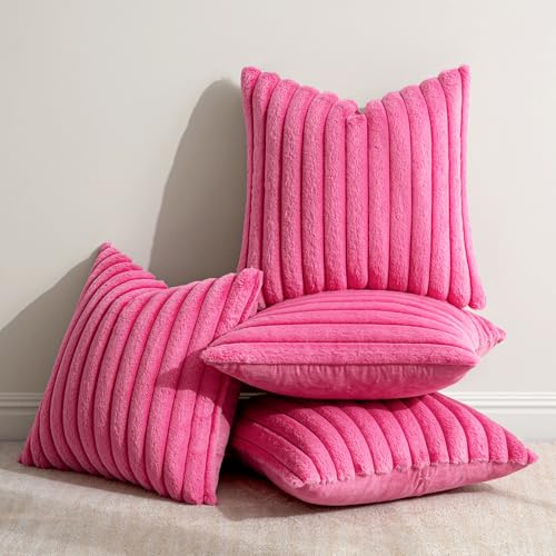 MIULEE Faux Fur Plush Decorative Throw Pillow Covers 20x20 Set of 4, Modern Soft Fuzzy Striped Cushion Covers for Sofa Couch Bed Living Room Cozy Home Decor,Hot Pink - color: Hot Pink, size: 20" x 20" (Pack of 4)