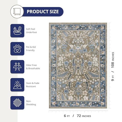 Abani Green Area Rug – 6' x 9' – Savoy Collection – Vintage Floral Pattern – Easy to Clean – Durable for Living Room, Bedroom, or Dining Room, Pet & Child Friendly - size: 6' x 9' (Rectangular)