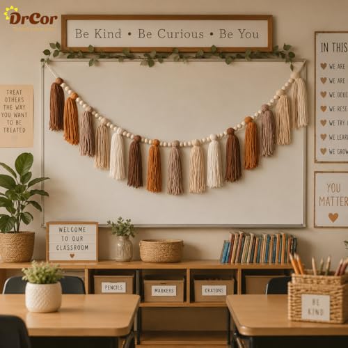 DrCor Boho Terracotta Rainbow Tassel Garland – Classroom Decor for Teachers, Bulletin Board Decorations, Back to School Wall Hanging for Nursery, Kids Room, Baby Shower & Party Decor