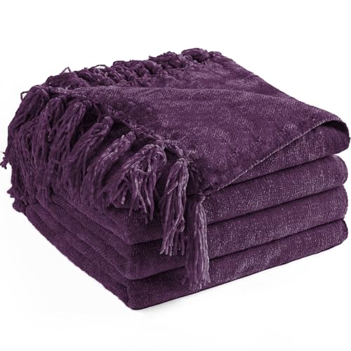 Chenille Throw Blanket for Couch 50"X 60", Soft Cozy Throws with Fringe Tassel for Bed Sofa Chair Cover, Lightweight Knitted Decorative Boho Blankets for Living Room, Dark Purple - color: Dark Purple, size: 50x60 inch