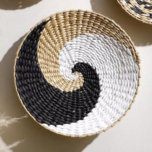 Boho Round Hand Woven Wall Basket Decor, Seagrass Rattan Wicker Farmhouse Hanging Baskets Flat Wall Art for Kitchen Living Room Bedroom, 1 Pcs 13.78" - color: Style5( 13.78")