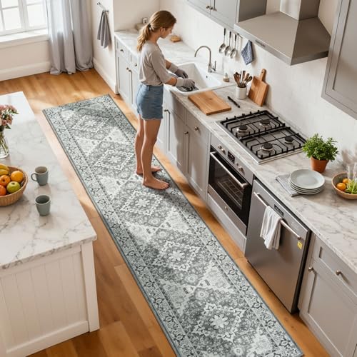 Lessymo 2 x 10 Long Runner Rug for Hallway, Washable Entryway Rugs Boho Faux Wool Low Pile Rug for Kitchen, Floral Medallion Vintage Rugs with Non-Slip Rubber, Grey Beige - color: Grey Beige, size: 2' x 10' (Runner)