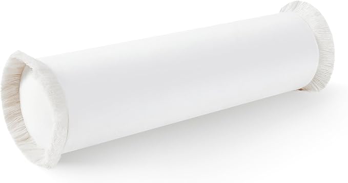 Hofdeco Premium Patio Indoor Outdoor Bolster Pillow Cover Only, 6"x20", Water Resistant, Solid with White Fringe for Backyard and Couch
