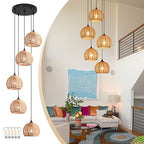 5-Light Woven Foyer Chandeliers for High Ceiling,5 Dome Boho Rattan Pendant Light Farmhouse Wicker Ceiling Light,rustic Hemp rope Light Fixture For Living Room Hallway Staircase Entryway(Bulb Incl. - color: 14" Natural 5-Light