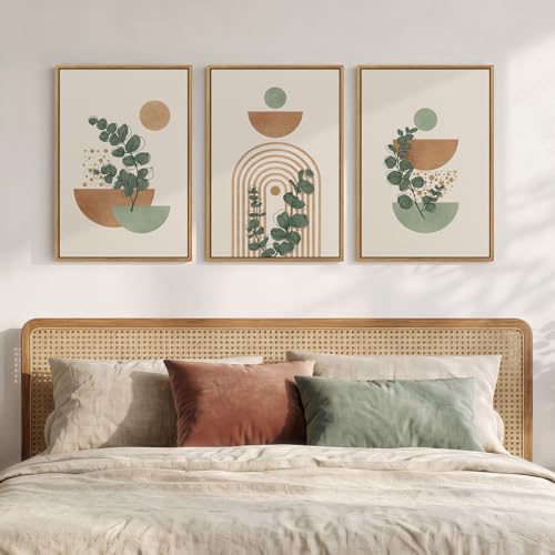 Framed Abstract Boho Wall Art for Living Room, Large Botanical Sage Green Plant Canvas Artwork for Walls, Minimalist Neutral Geometric Line Prints Paintings for Bedroom Hallway 16x24 Inch - color: Orange and Green, size: 24" H x 16" W x 3Pcs