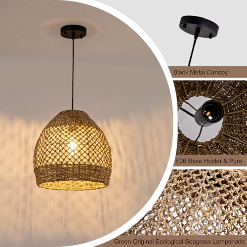 Boho Rattan Pendant Lights 13.8IN Farmhouse Dining Room Light Fixtures Hand-Woven Seagrass Chandelier Coastal Wicker Hanging Lighting for Kitchen Island Entry Living Room Bedroom Foyer Restaurant - color: Coffee-C