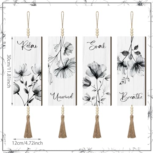 Qunclay 4 Pieces Boho Wall Decor for Bathroom 12 x 5 Inch Relax Soak Unwind Breathe Bathroom Sign with Beads Leaf Print Minimalist Botanical Wall Art Farmhouse Wooden Hanging Art(Gray,Flower) - color: Gray Flower